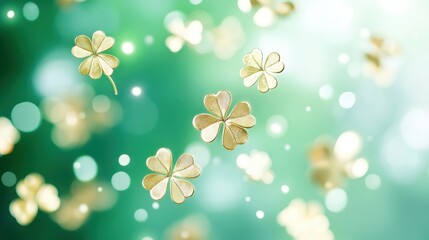 Golden Clovers Shining In A Dreamy Green Background.