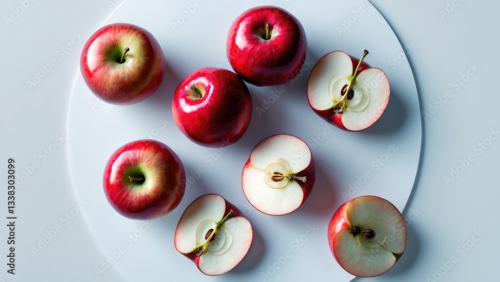 Poster Red apple with half separated on a white backdrop featuring a clipping path and full depth of field. Overhead view. Flat lay. Collection or set.
