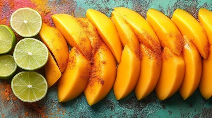 Vibrant Mango Slices with Chili Powder and Lime for a Refreshing Tropical Snack. Generative AI