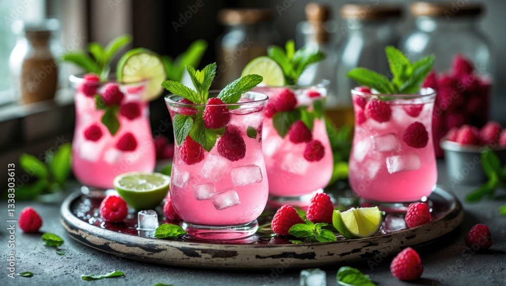 Poster raspberry lemonade served in a glass adorned with mint.