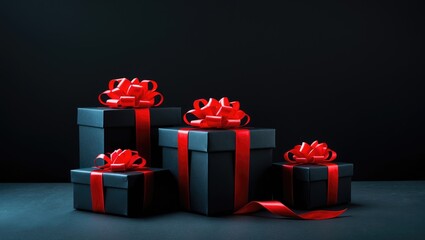 Obraz premium Elegant gift boxes adorned with bows against a black background.
