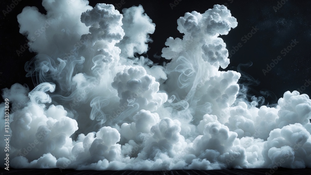 Poster a collection of white smoke clouds in various shapes and forms, presented against a solid background