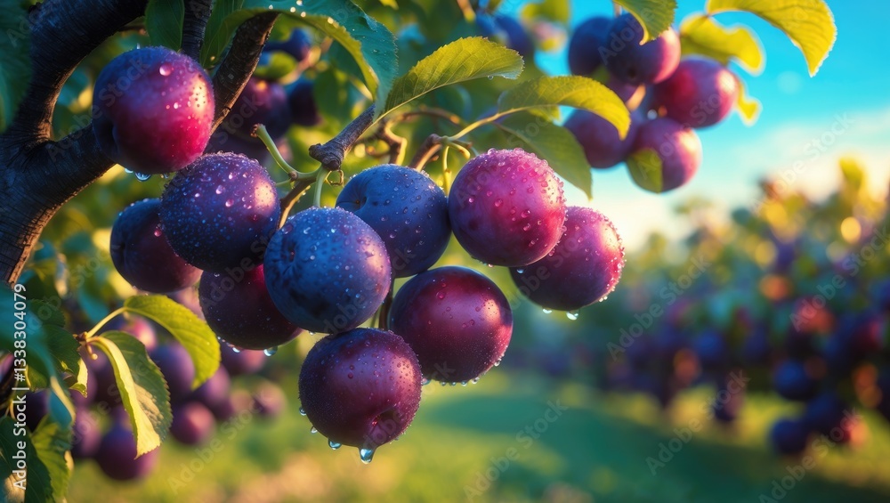 Poster ripe plums hanging from a tree branch in the orchard.