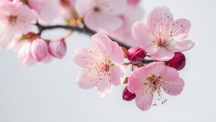 Obraz premium Blossoming pink flowers and buds of Plum against a white background. Close-up perspective.