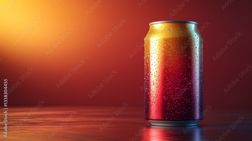 Poster a vividly colored beverage can sits on a reflective surface, exhibiting condensation. the warm backd