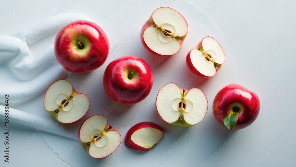 Poster Red apple with a portion cut and isolated on a white background featuring a clipping path and complete depth of field. Overhead view. Flat lay. Collection or set.