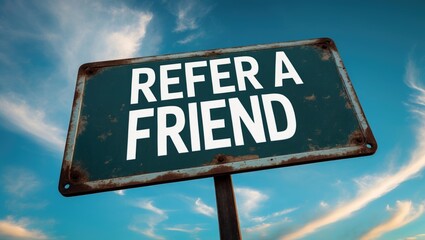 Sign promoting Refer a Friend with clouds in the background