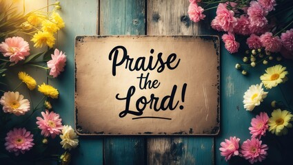 Handwritten message quote from Christian Holy Bible saying "Praise the LORD" on a rustic wooden background adorned with vintage-style flowers. Top view. Worship God biblical theme. Flat lay.