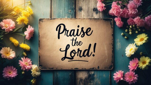 Handwritten message quote from Christian Holy Bible saying "Praise the LORD" on a rustic wooden background adorned with vintage-style flowers. Top view. Worship God biblical theme. Flat lay.