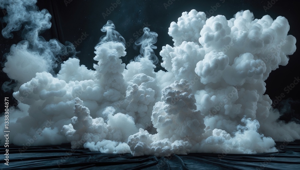 Poster a display of white smoke clouds in various shapes and forms, set against a uniform background. the i