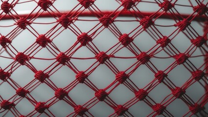 Detail of a soccer goal. Close-up of a red rope net. Macro shot of football netting.
