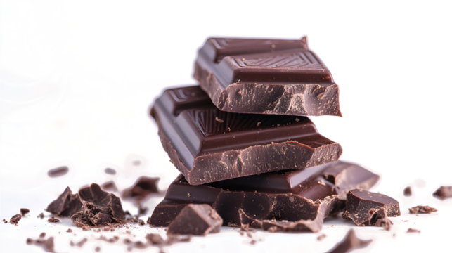 Three pieces of chocolate stacked on top of each other with a pile of chocolate crumbs on the ground