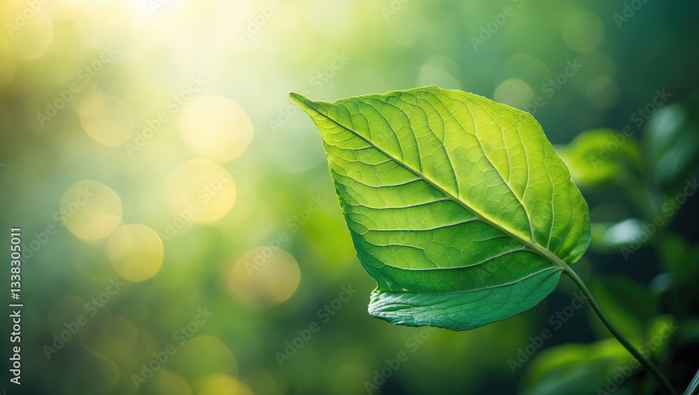 Aufkleber Green leaf against a blurred greenery backdrop. Stunning leaf texture illuminated by sunlight. Close-up nature perspective with space available for text. Natural green backdrop.