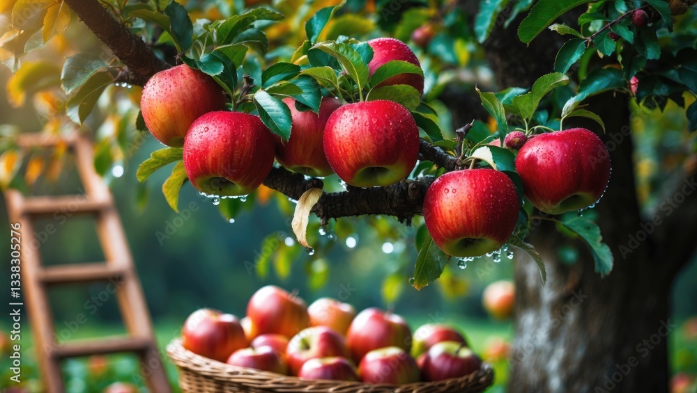 Poster bright red apples hanging from a tree. mature apples in the orchard prior to harvesting. a basket fi
