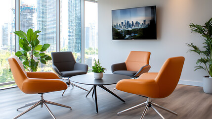 Dynamic collaborative meeting space design urban office interior photography modern environment panoramic view innovative concepts