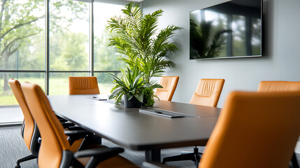 Collaborative meeting space with bright open design business setting conference room modern environment wide-angle view professional concept