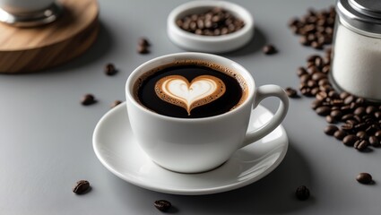 Obraz premium Black coffee served in a white mug on a saucer placed on a grey table. Instant coffee.