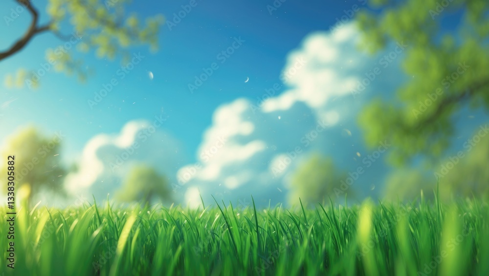Poster blurred background image of spring nature featuring trees against a blue sky with clouds.