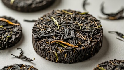 Fototapeta premium Pressed raw pu-erh tea cake displaying natural loose-leaf texture and details of aged tea leaves representing craftsmanship tradition in tea preparation, ideal for true tea enthusiasts and collectors.