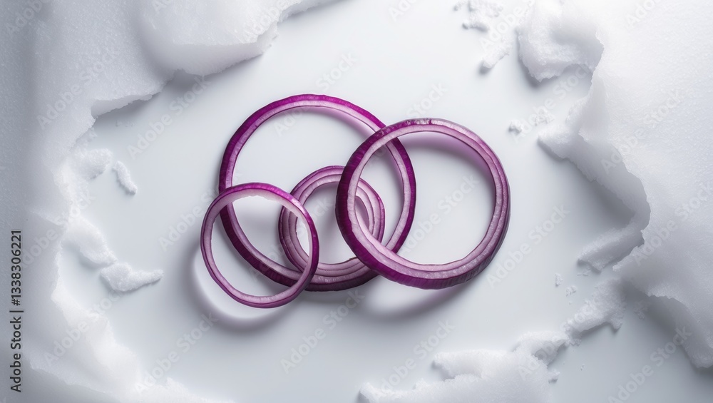 Poster red onion slices separated on a white background. bird's eye view. flat lay. red onion rings floatin