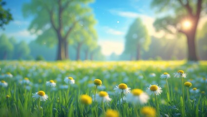 Fototapeta premium Beautiful soft-focus spring background nature featuring blooming chamomile, trees, and a blue sky on a sunny day.