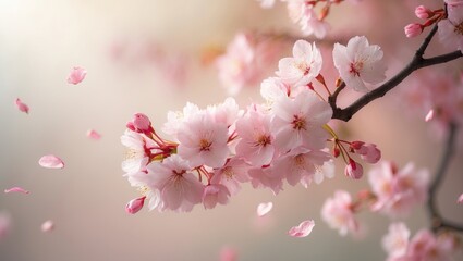 Blooming cherry blossoms against a blurred backdrop.