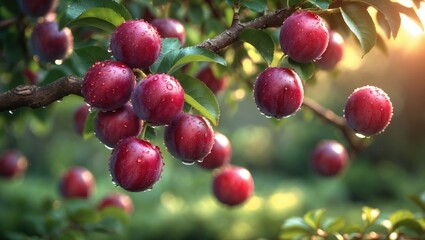 Obraz premium Red plums hanging from a tree in the garden.