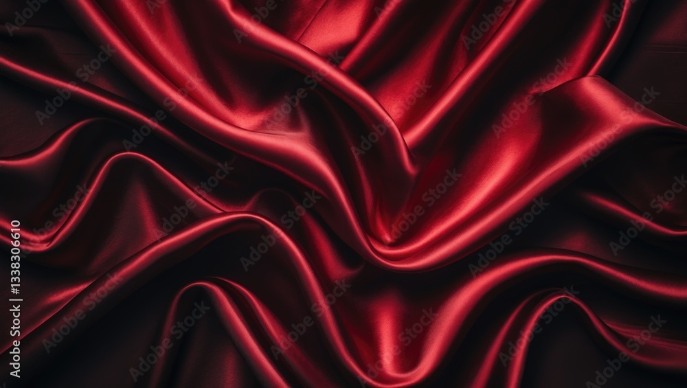 Poster Red silk or satin luxury textile texture that can serve as an abstract background. Aerial view.