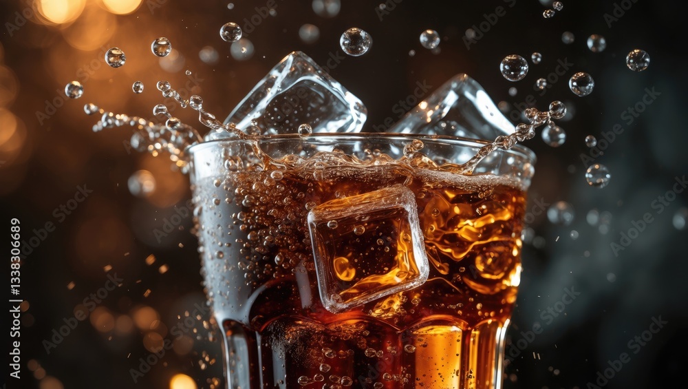 Poster Cola with Ice. Close-up of ice cubes in beverage. Texture of carbonated drink with bubbles in glass. Soda and ice splashing, fizzing, or floating to the surface. Background of cold drink.