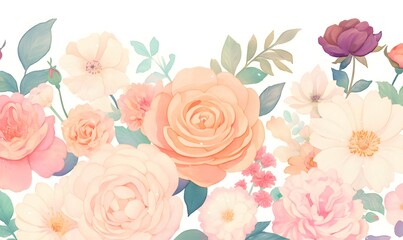 A vibrant watercolor painting of an array of colorful flowers, including roses and peonies, in full bloom, Generative AI