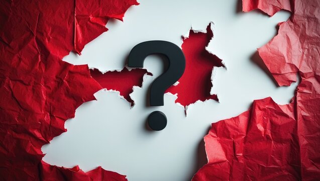 Red ripped paper featuring a question mark against a white backdrop. Concept of the question mark.