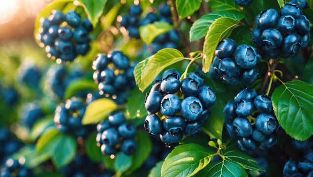 Ripe blueberry fruits on the farm. Abundance of berries on the plants. High yielding variety.