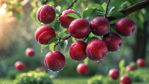 Red plums hanging on a tree in the garden.