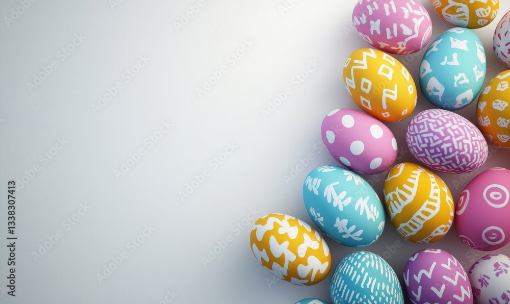 Poster colorful easter eggs with intricate patterns arranged on a light background