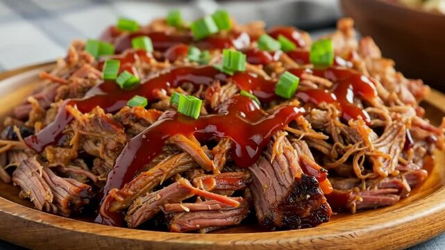 Close up of pulled pork with barbecue sauce and green onions on a wooden plate ready to be served
