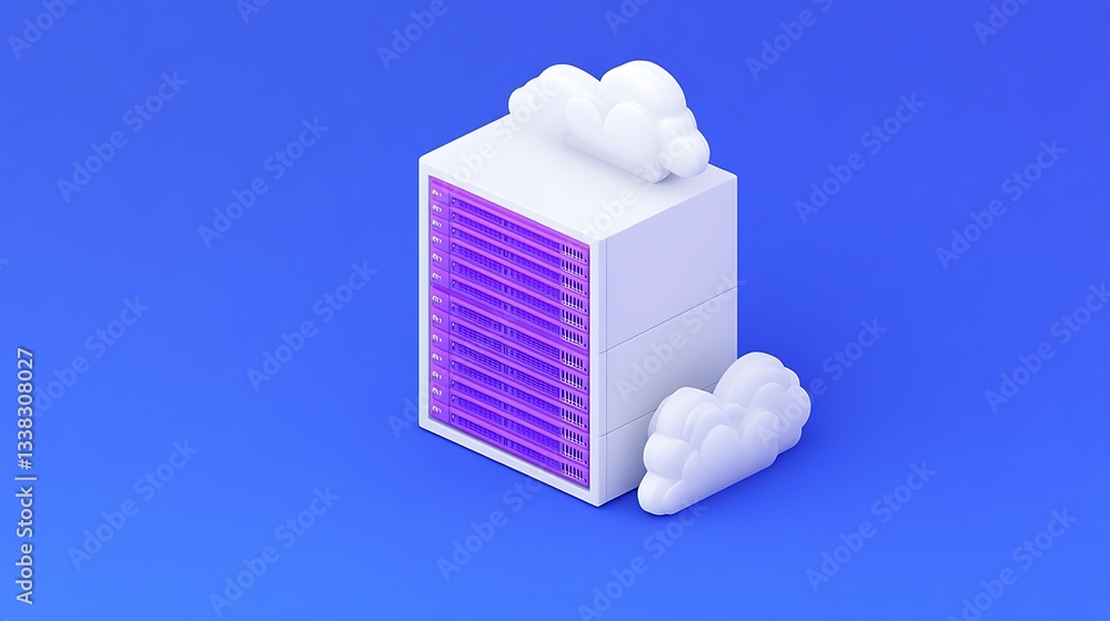 Poster 3d illustration of abstract server with colorful lights and stylized cloud elements on vibrant backg