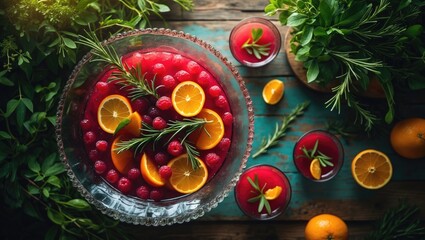 Red fruit punch served in a glass punch bowl, garnished with orange slices and rosemary, placed on a wooden table alongside a punch glass.