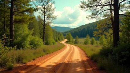 Rally trail in woodland. Path of ancient dirt road.