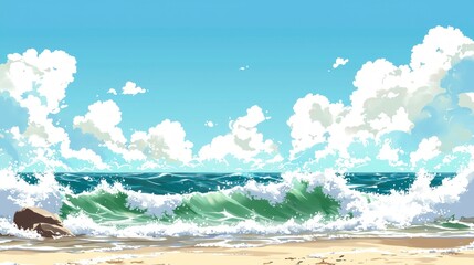 Fototapeta premium Stunning Ocean Waves Crashing Shore Beach Scene Illustration