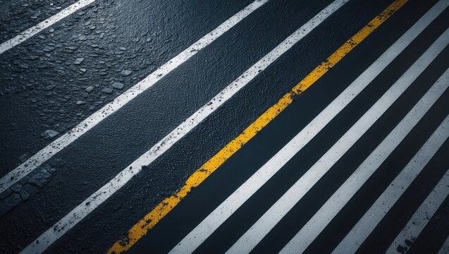 Flat asphalt road featuring dividing stripes and a pedestrian crossing. The surface texture of the tarmac, viewed from above.
