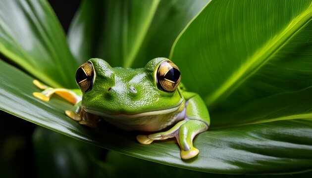Close-up of a vibrant green frog nestled in leaves. Fine details of eyes, skin texture, and natural environment, ideal for wildlife, nature, or macro photography.