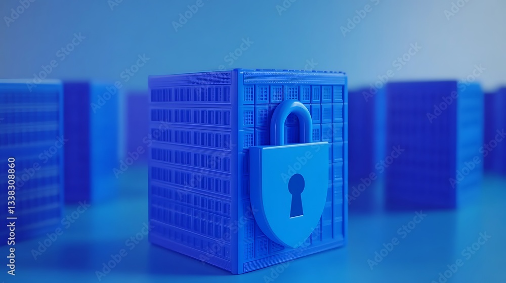 Poster 3d render of a blue data security box with a lock symbol on a blue gradient background