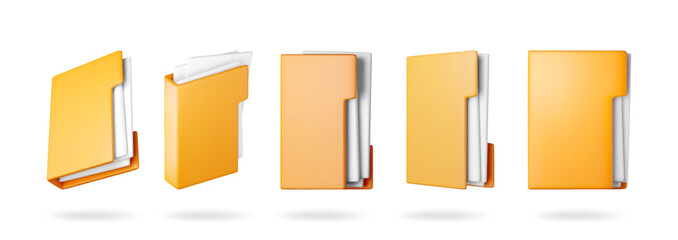 3D set of business folder full of papers isolated on white. Render yellow folder for correspondence, file for paper documents. Open folder icon, manila archive case or ring binder. Vector illustration © absent84