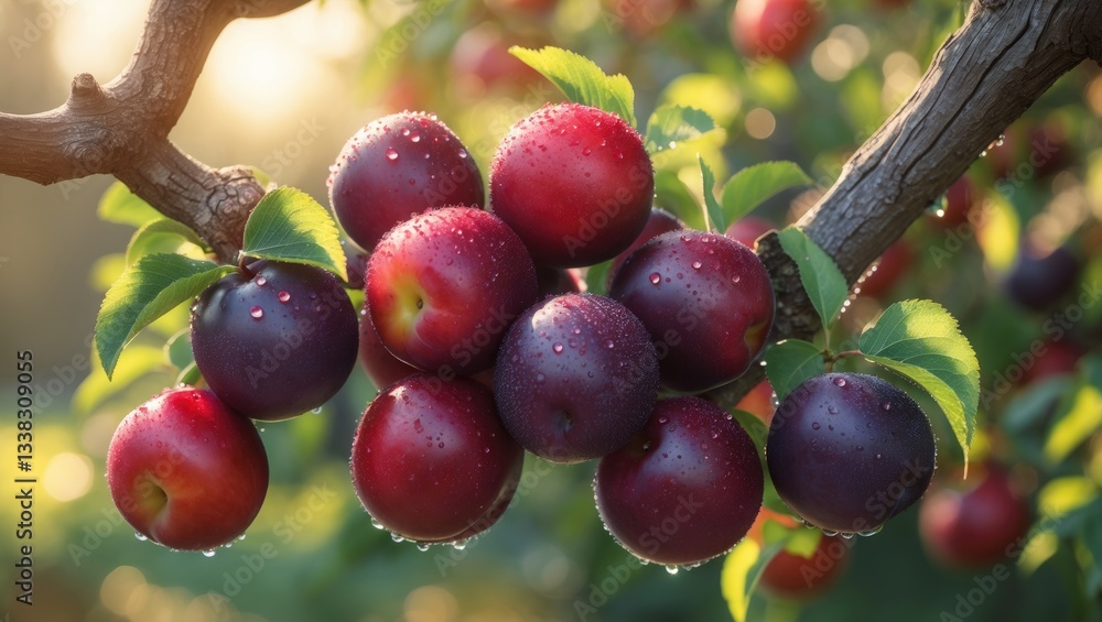 Aufkleber ripe cherry plums clustered on a branch up close.