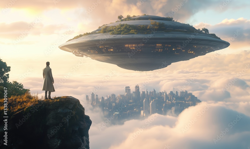 Poster futuristic cityscape with hovering spaceship above clouds and lone figure on cliff