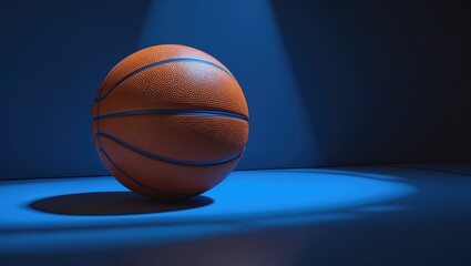 Obraz premium Basketball placed on the court beneath a spotlight, creating a shadow on the floor, with copy space. Hardwood, game, sports, competition.
