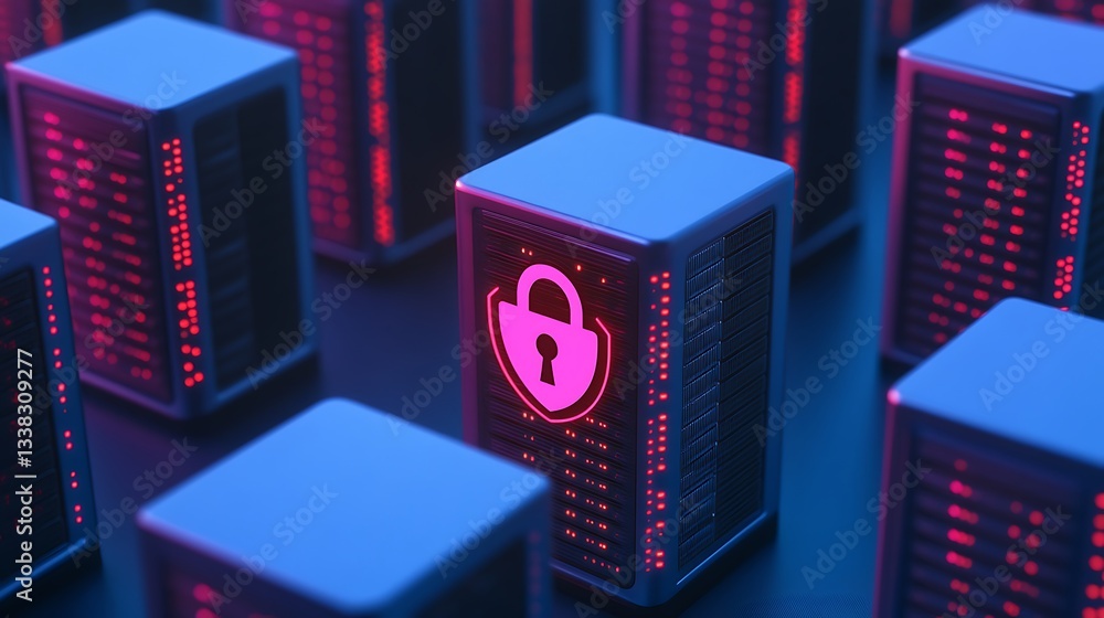 Poster 3d render of secure data storage with lock icon amongst high-tech server towers in neon lighting