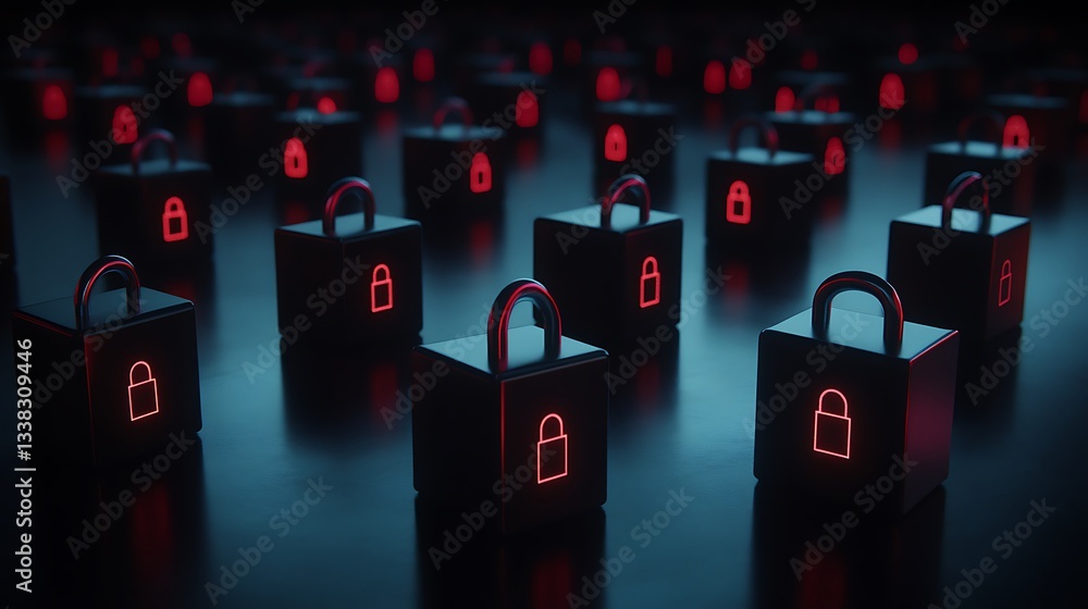 Poster a dark scene with multiple secure padlocks illuminated by red light on a glossy surface
