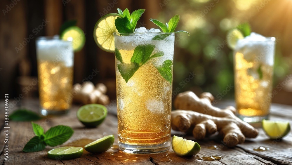 Poster refreshing golden ginger beer with lime and mint