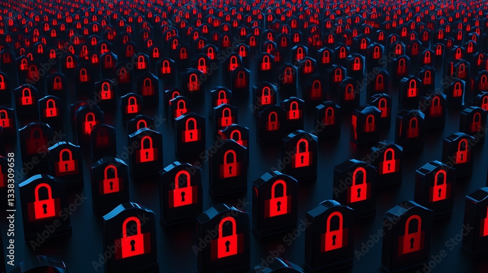 Poster a vast array of red lock icons representing security, protection, and digital privacy in modern tech